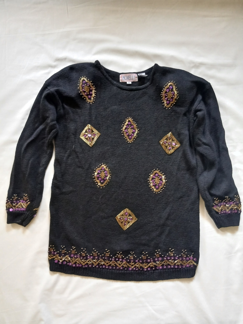 Novelli Black Crewneck Sweater with Purple & Gold Embellishments